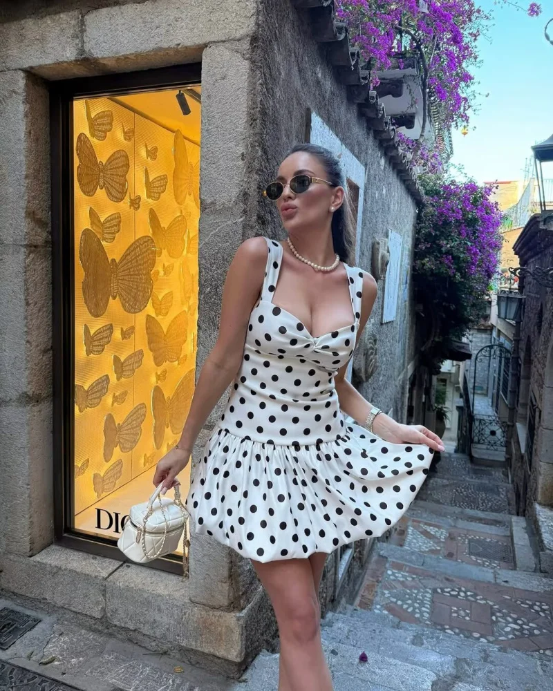 2025 new summer products women's balloon version of the hem polpok print dress lovely strap sleeveless dress