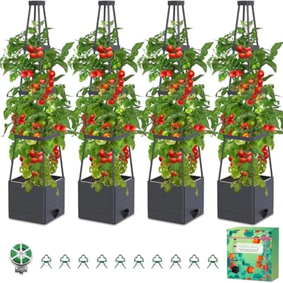 

Pack Raised Garden Bed Planter Box with Trellis 57" Self-Watering Tomato Cage Planters for Climbing Plants Vegetable Vine Flowe