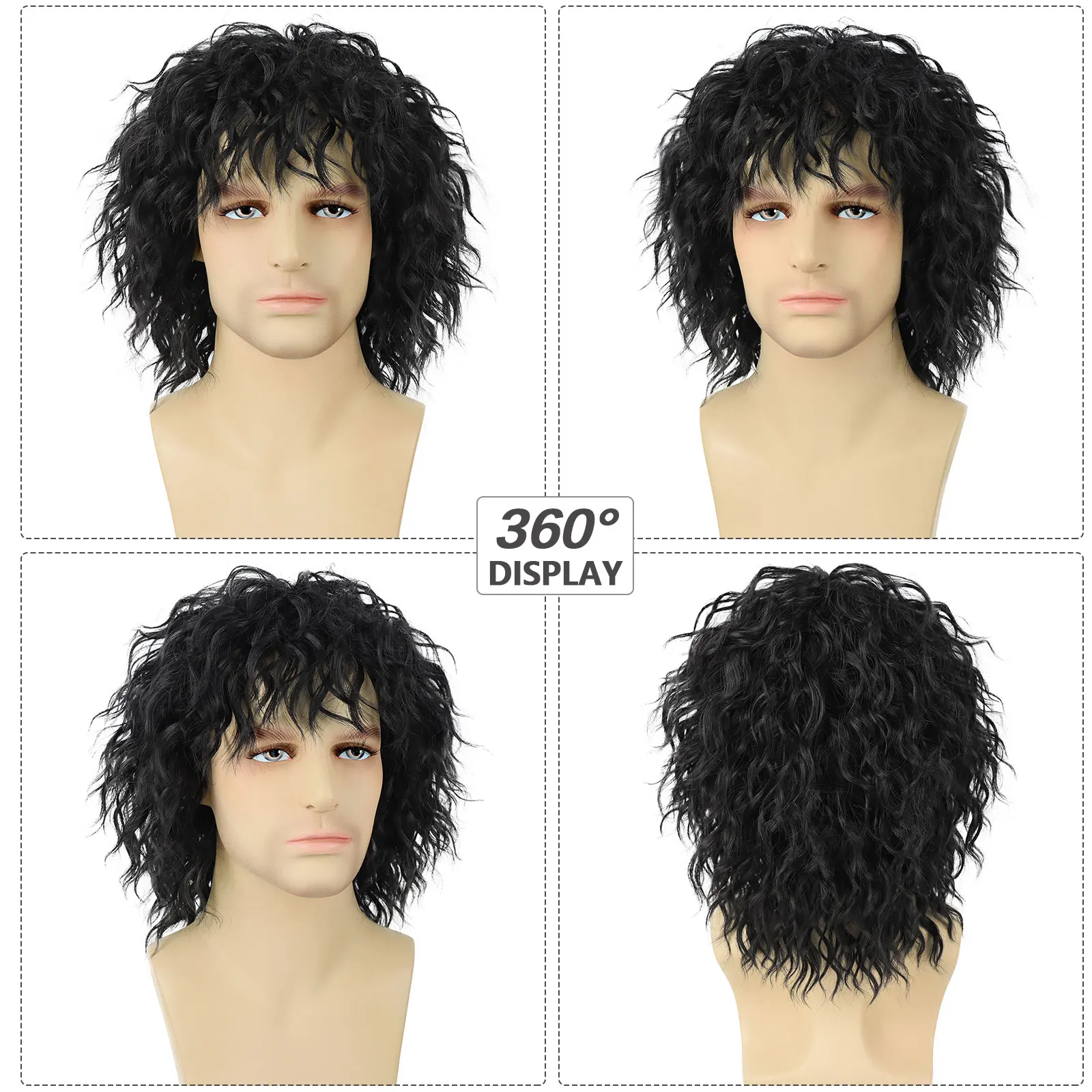 Synthetic Men and Women Short Curly Black Wig 70s 80s Rocker Mullet Party Funny Wig Costume Wig Daily Party Halloween Cosplay
