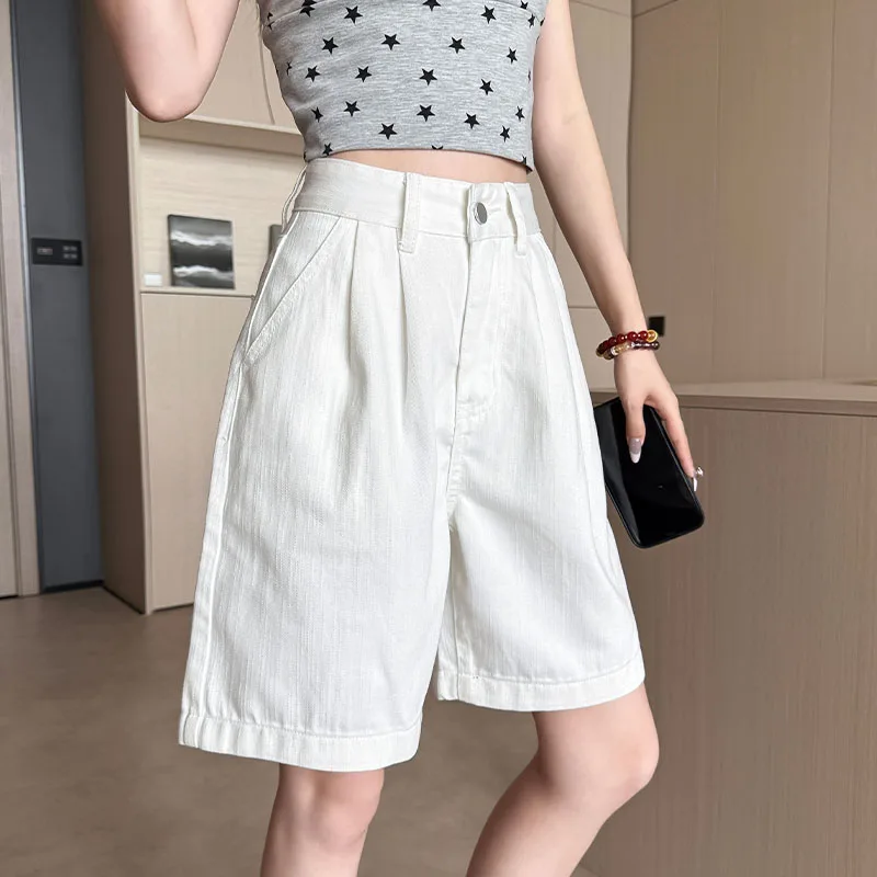 Y2K ريترو فضفاض عادية الأوسط جينس قصير صيف جديد المرأة الكورية الدنيم خمس نقاط السراويل السيدات موضة كل مباراة فضفاض الجينز