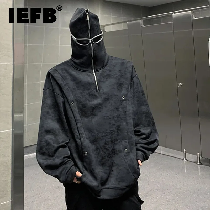 IEFB Tie-dyed Velvet Hooded Sweatshirt Zipper Big Pocket Pullover Hoodies Solid Color Top 2024 Korean Version Trend 9C8747