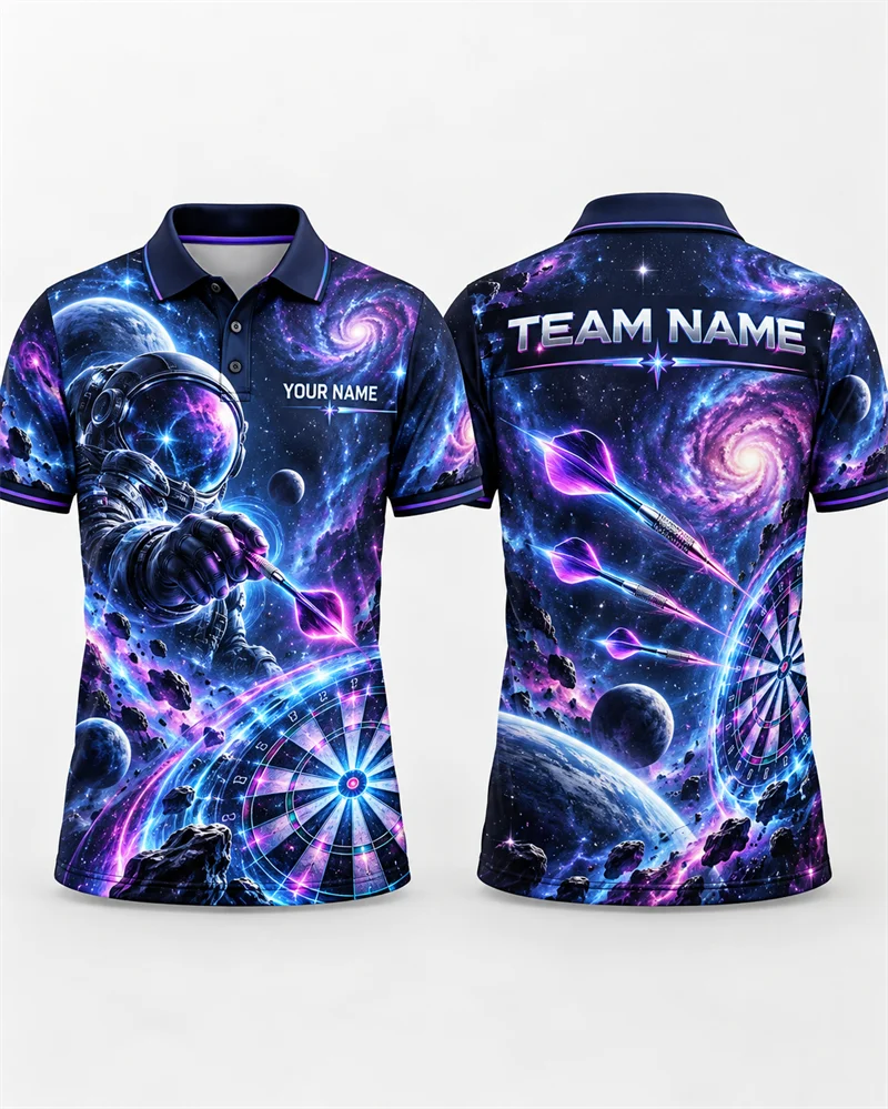Personalized Darts Polo Shirt Men Team Name Galaxy Wolf Sugar Skull Steampunk Tropical Stag Print Short Sleeve Sports Jersey