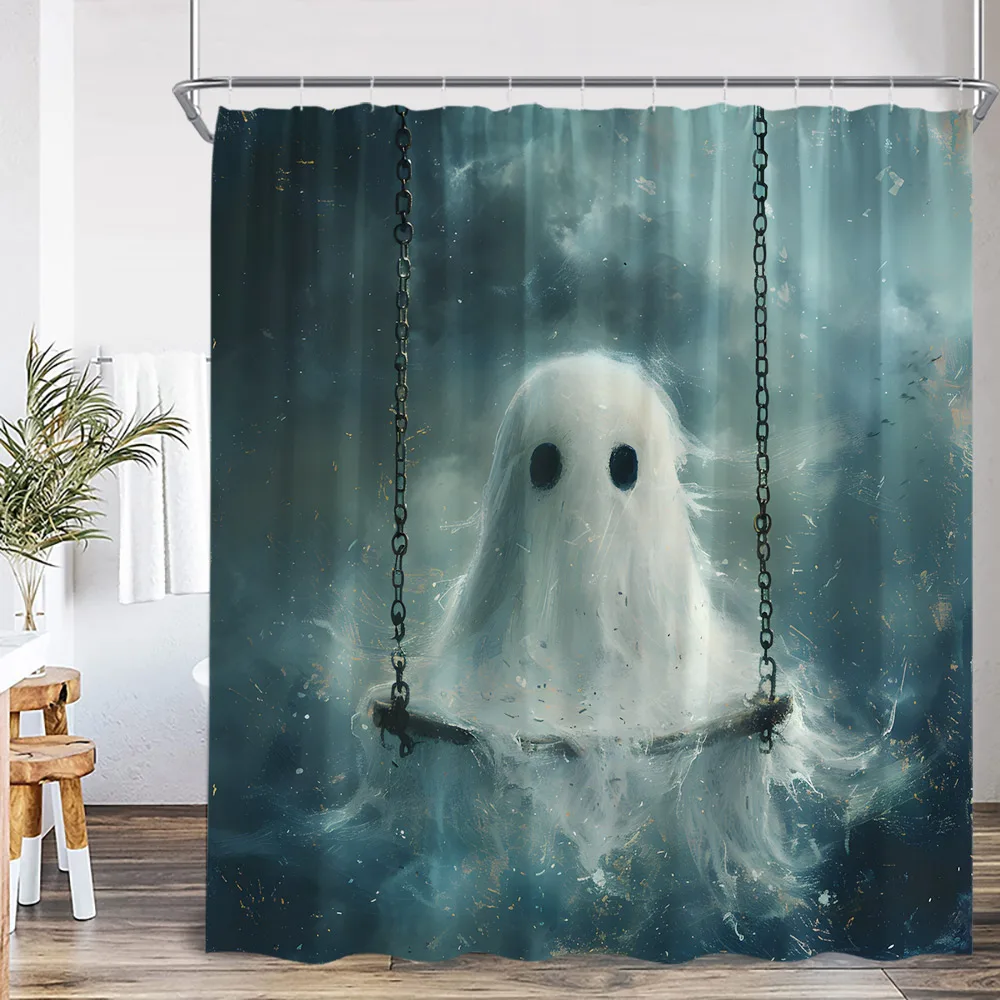 Halloween Skeleton Shower Curtain Skull Cute Ghost Full Moon Night Scary Spooky Bathroom Decor Happy Halloween Bathtub Curtain