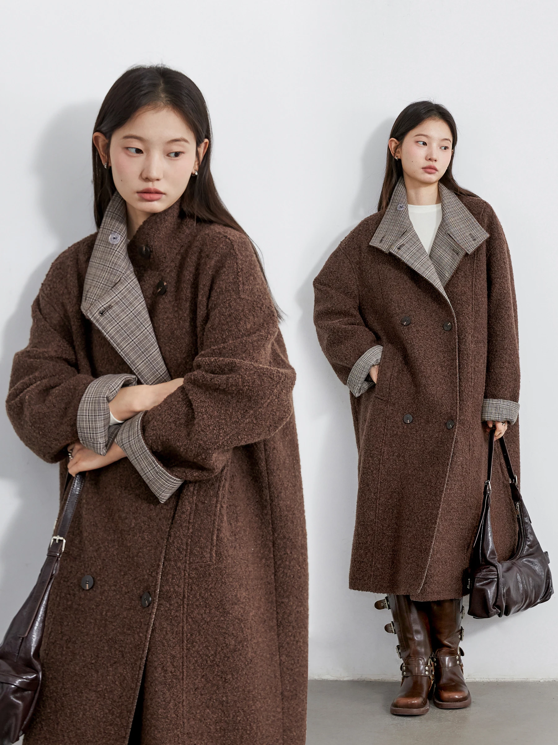 CHIC VEN New Women Long Woolen Coat Loose Casual Retro Plaid Spliced Office Ladies Overcoat Female Outerwear Autumn Winter 2025