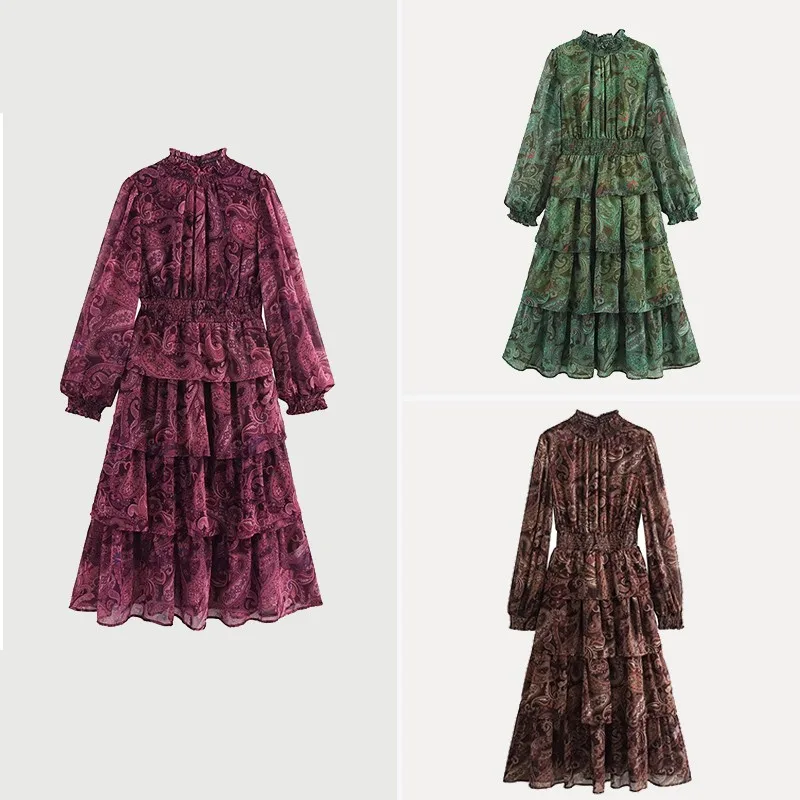 Vestido Maxi F Estilo Europeu Z de Chiffon Estampado com Manga Longa, Cintura Marcada e Camadas – Coleção Primave...