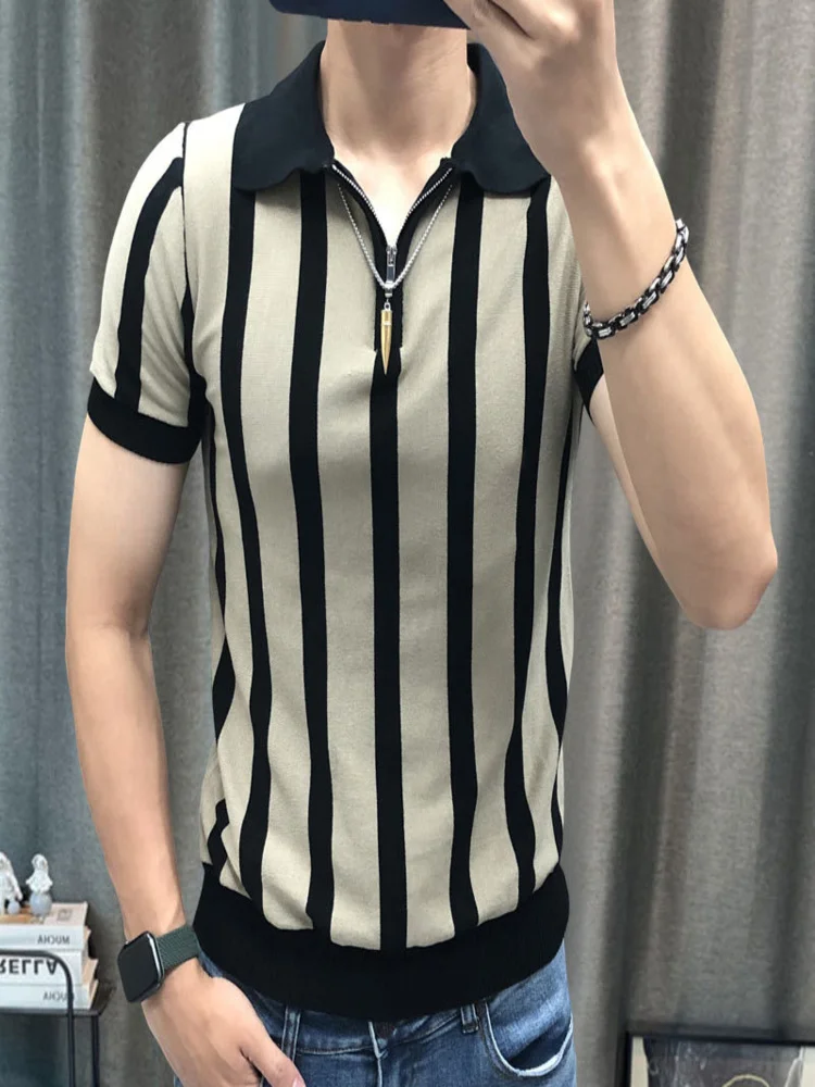 

2024 Contrasting Stripes Casual Slim Lapel Polo Summer Zipper Knit T-shirt Men's Shirt Mannen Camisa Hombre