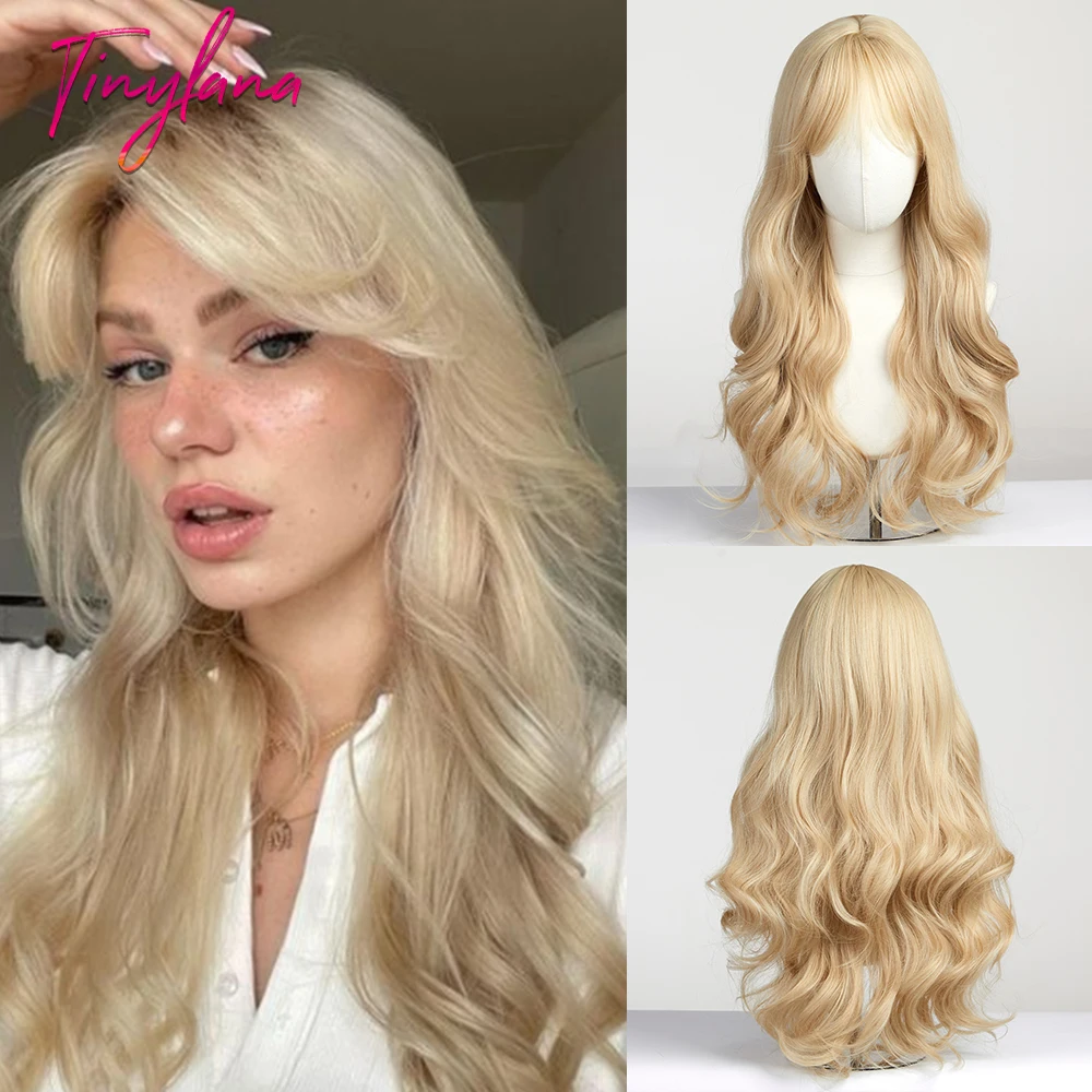 Light Blonde Golden Synthetic Wigs with Bangs Long Water Wavy Cosplay Lolita Natural Hair Wigs for Women Afro Heat Resistant Use