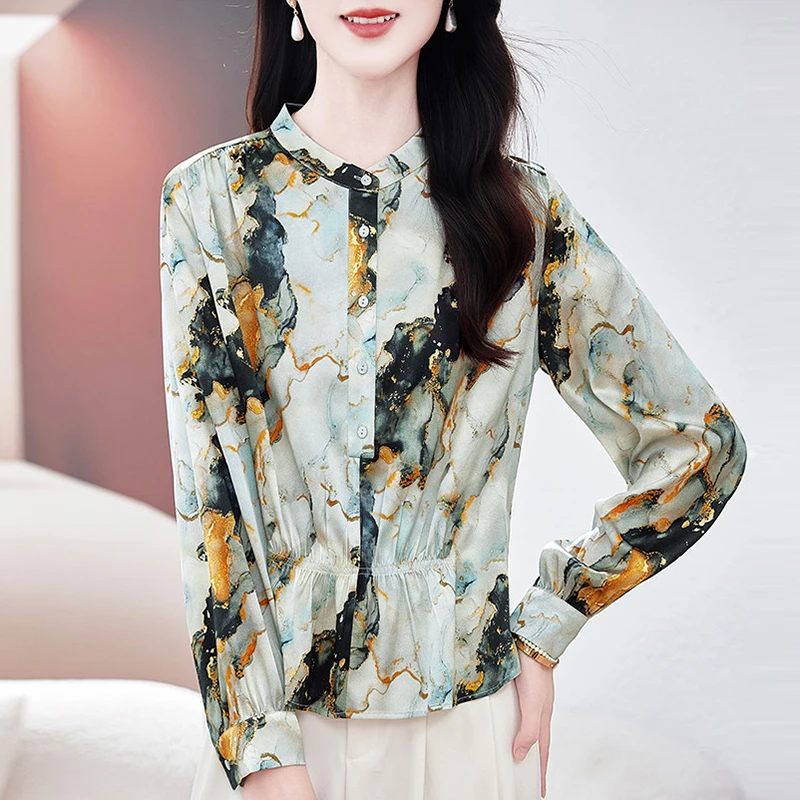 

New Elegant Shirts and Blouses for Women Long Sleeve 19mm Real Silk Women's Satin Shirt Office Lady Print Blouse Loose Tops
