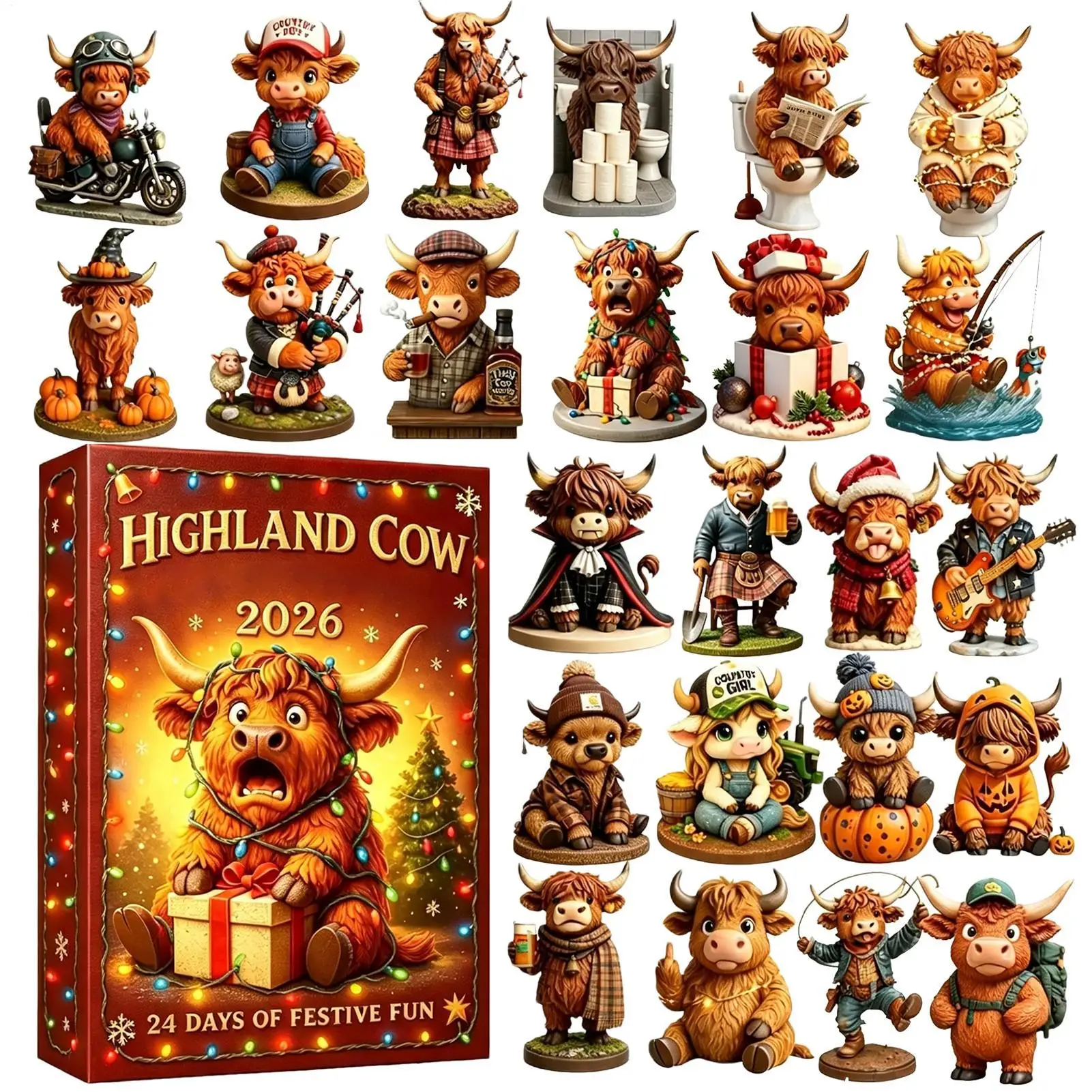 Christmas Cow Calendar 24-Day 2D Acrylic Fun Cute Cow Home Decor Christmas Adventure Calendars Navidad Tree Hanging Ornament