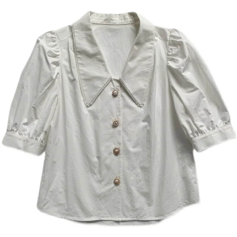 Retro Bubble Sve White irt Design estivo da donna Sense Small Cro ort Sve Colletto superiore Taglio dritto Pendolarismo Sle