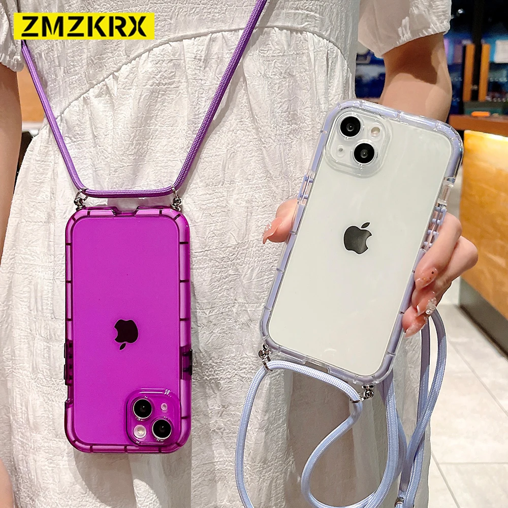 Crossbody Necklace Lanyard Strap Cord Transparent Soft Case for iPhone 14 13 12 11 Pro Max X XR XS 7 8 Plus Armor Luminous Cover