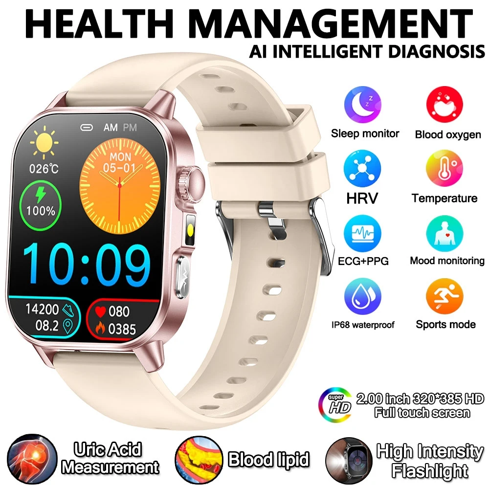 2026 Nieuwe Gezondheid Verpleging Grade Smart Horloge Mannen Bloedlipiden Urinezuur Tracker ECG + PPG Klok Bluetooth Oproep Smartwatches Mannen vrouwen