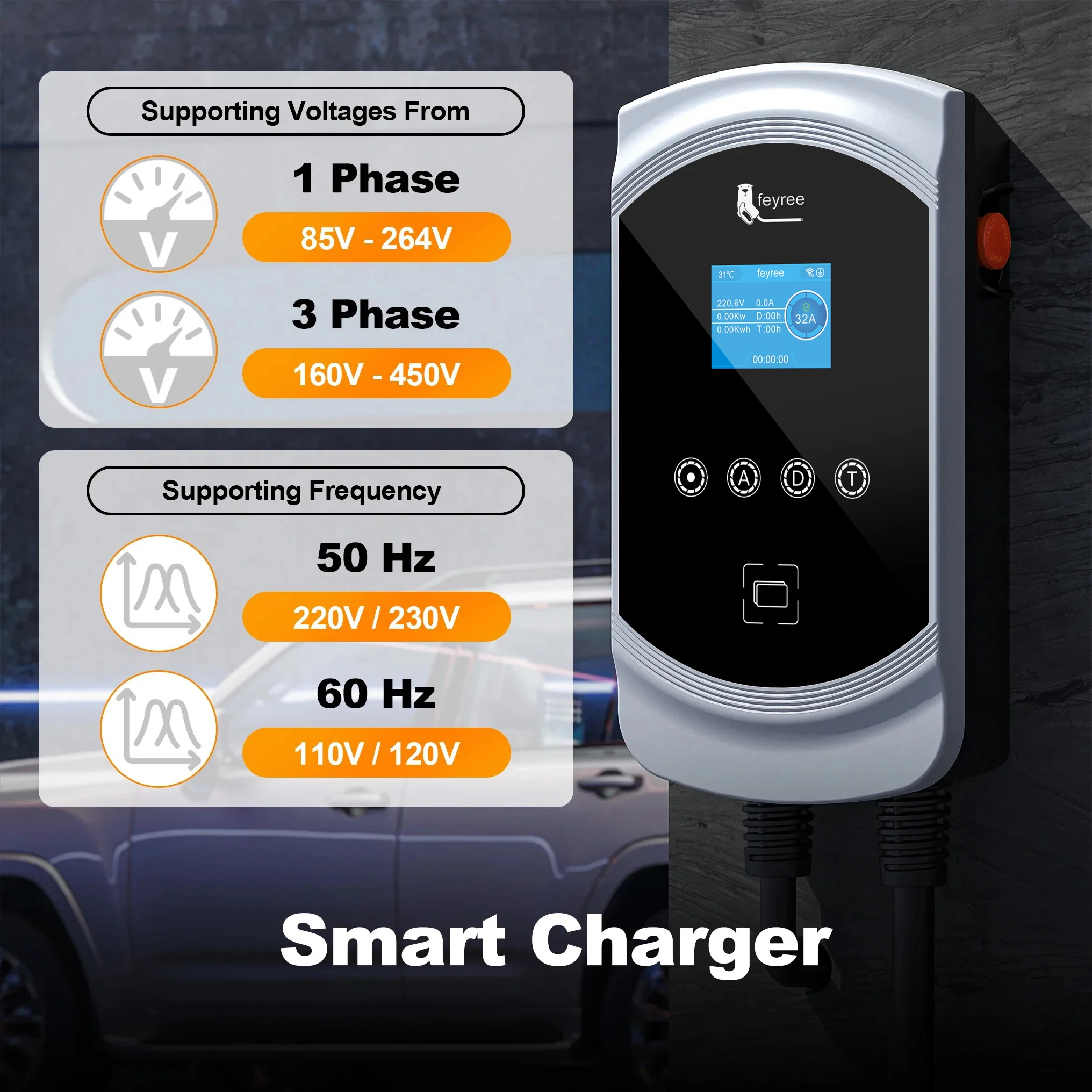 feyree EV Charger GB/T Socket 32A 7KW 1Phase 16A 11KW 3Phase 22KW APP Control Charging Station for Electric Vehicle EVSE Wallbox