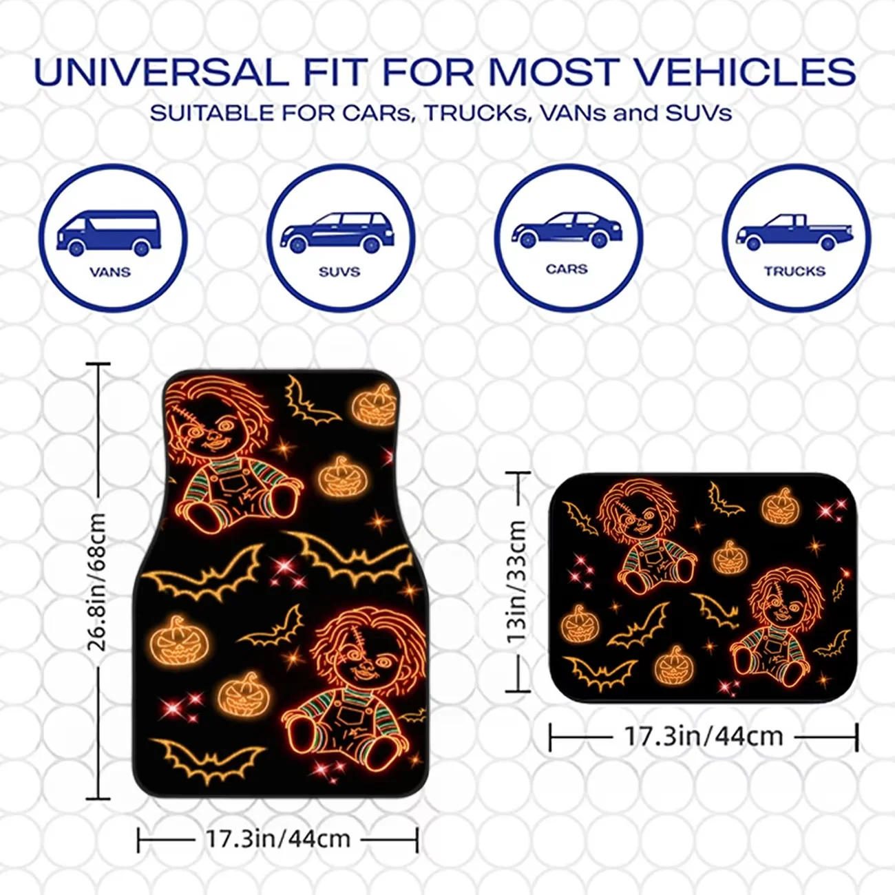 4-Piece Set of Halloween Horror Doll Printed Car Floor Mats, Neon Glowing Pumpkin and Bat Pattern Car Interior Decoration, Universal Car Floor Mats, a Must-Have for Stylish Rides