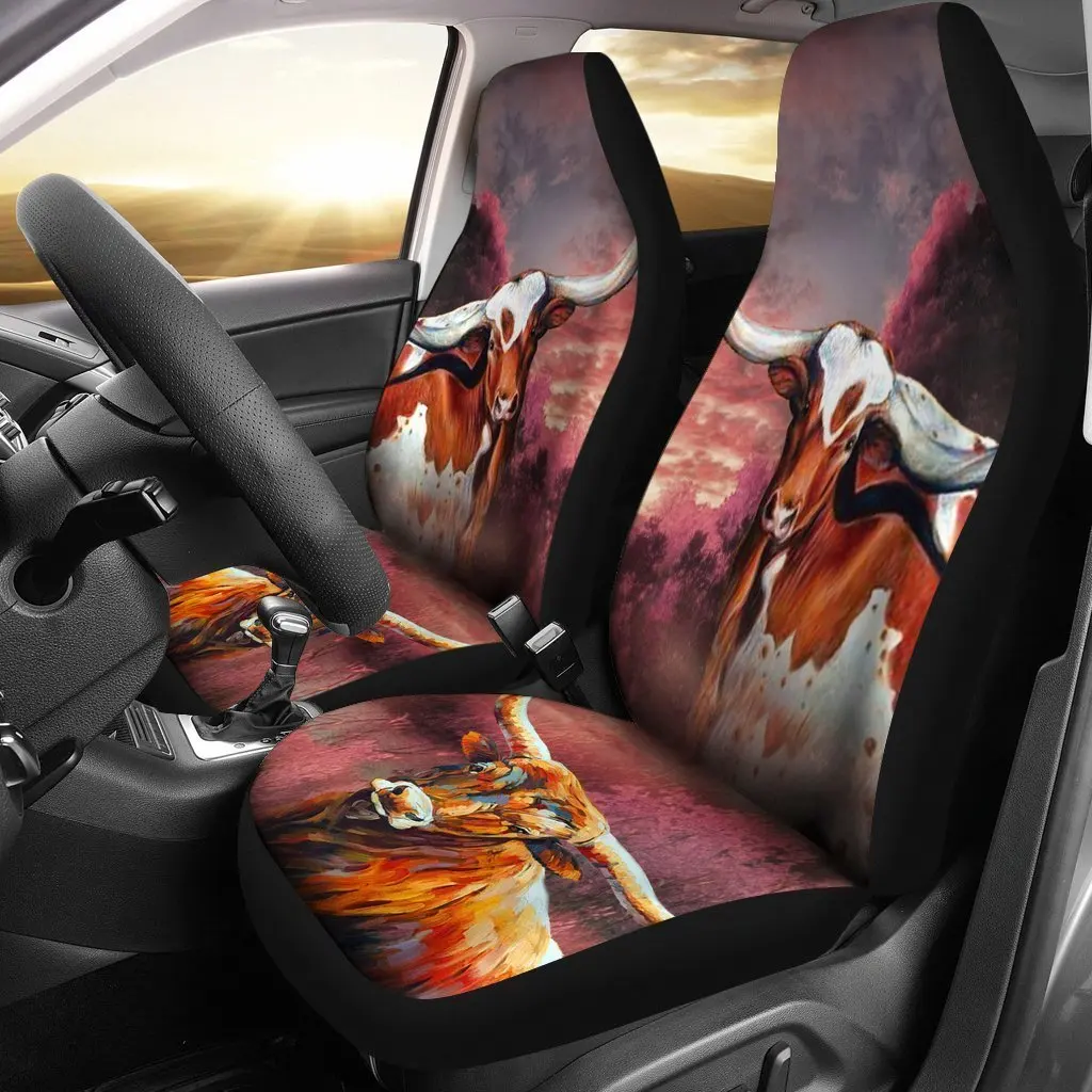 Texas Longhorn Cattle Print Car Seat Covers Set 2 Pc, Car Accessories Seat Cover