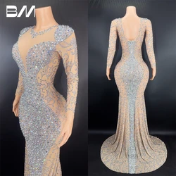 Long Illusion Sleeve Prom Dress Mermaid Women Formal Occasion Dresses Shinny Crystal Stone Evening Gown Party Celebrity