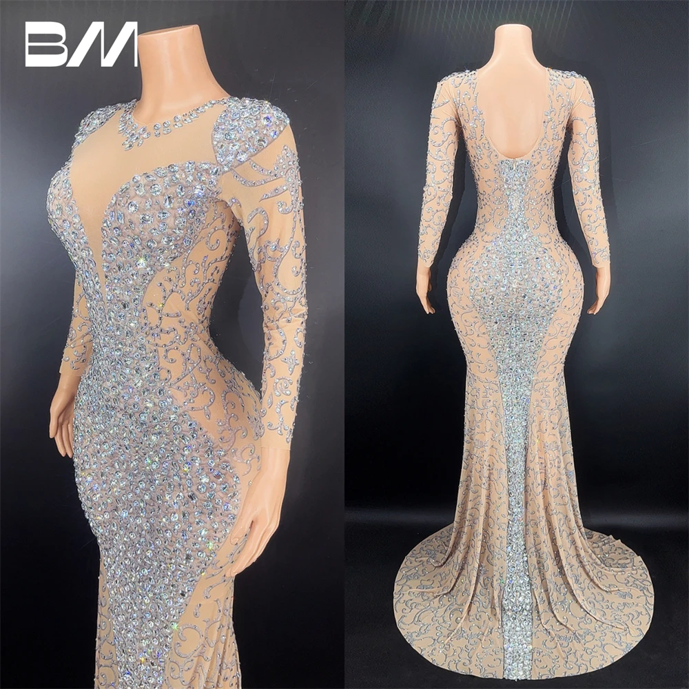 Shinny Crystal Stone Evening Gown Party Celebrity Long Illusion Sleeve Prom Dress Mermaid Women Formal Occasion Dresses