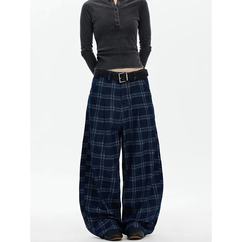 Women's Gothic Y2k Blue Jeans Vintage Grunge Boyfriend Style Plaid Jeans Pants Baggy Boyfriend Wide Leg Denim Pants