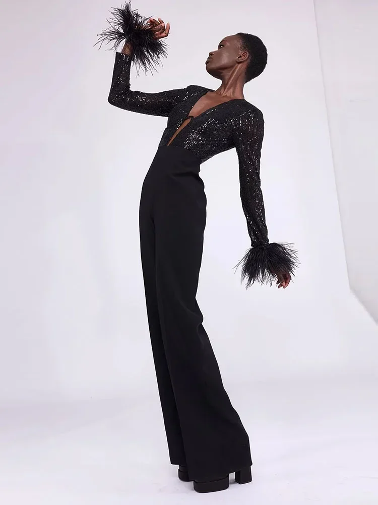 

JONN Sexy V Neck Long Sleeve Feather Jumpsuit Women Luxury Black Sequin Patchwork Full Length Jumpsuit Celebrity Party