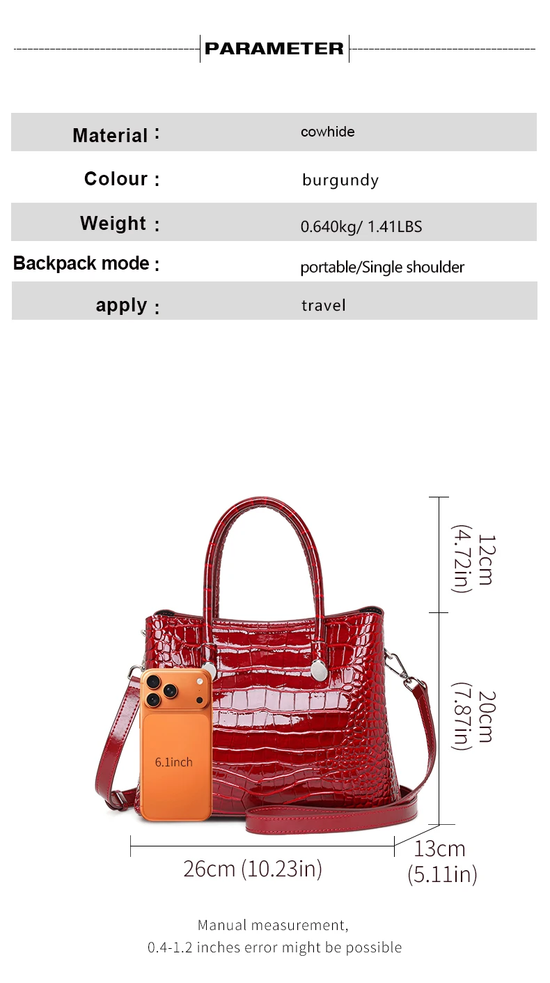 Echte Rindsleder-Handtasche mit Krokodilmuster für Damen, Glänzende Leder-Tragetasche, Tragbare Umhängetasche mit Mehreren Taschen für Pendlerinnen – Detail 3
