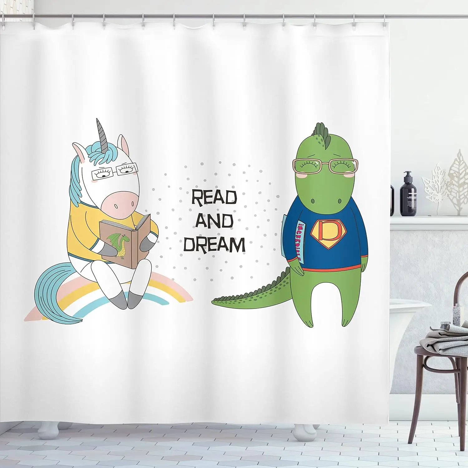 

Занавеска для душа с единорогом и динозавром, декор для детской ванной комнаты «Чтение и мечта», милый мультяшный дизайн 150x180