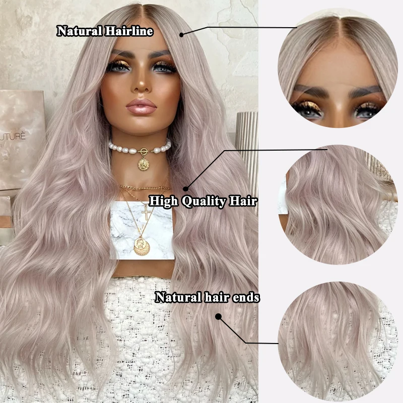 Natural Light Ash Root With Few Foils Through Top Section Lace Front Wigs Real Synthetic Hair 13x4Lace Frontal Wig Wavy PartyUse