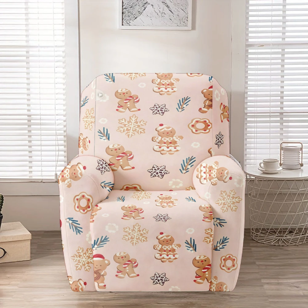 Blush Pink Gingerbread Man Snowflake Pine Donut Print Stretch Recliner Chair Cover, Removable Washable Full Sofa Slipcover