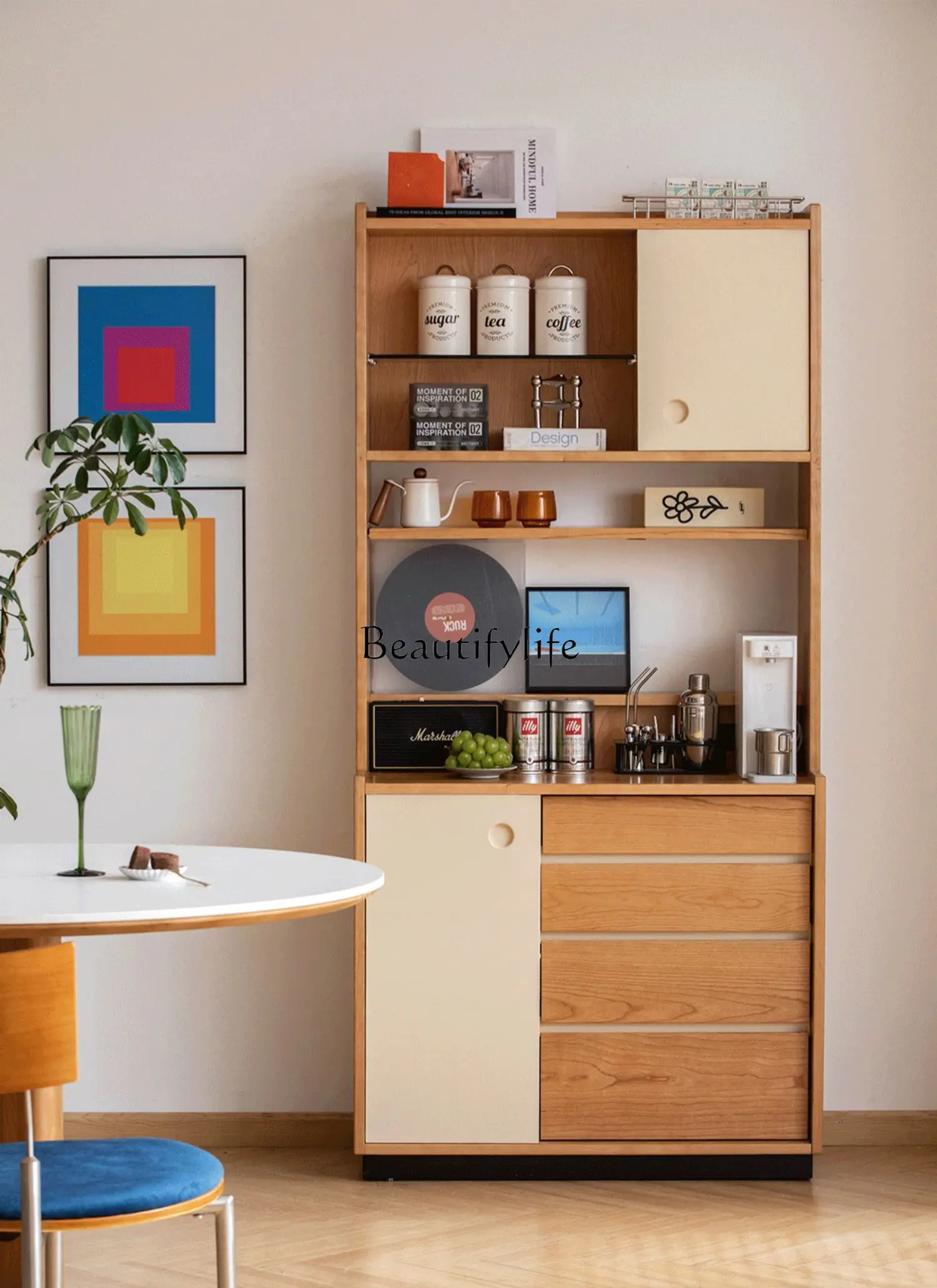 

Cherry wood multi-functional cabinet Solid wood against the wall Japanese retro living room storage cabinet