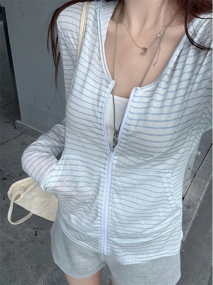 Deeptown Gray Striped Women Zipper Hoodies Long Sleeve Korean Fashion Pocket Hooded Sweatshirts Slim Lightweight Commute Autumn