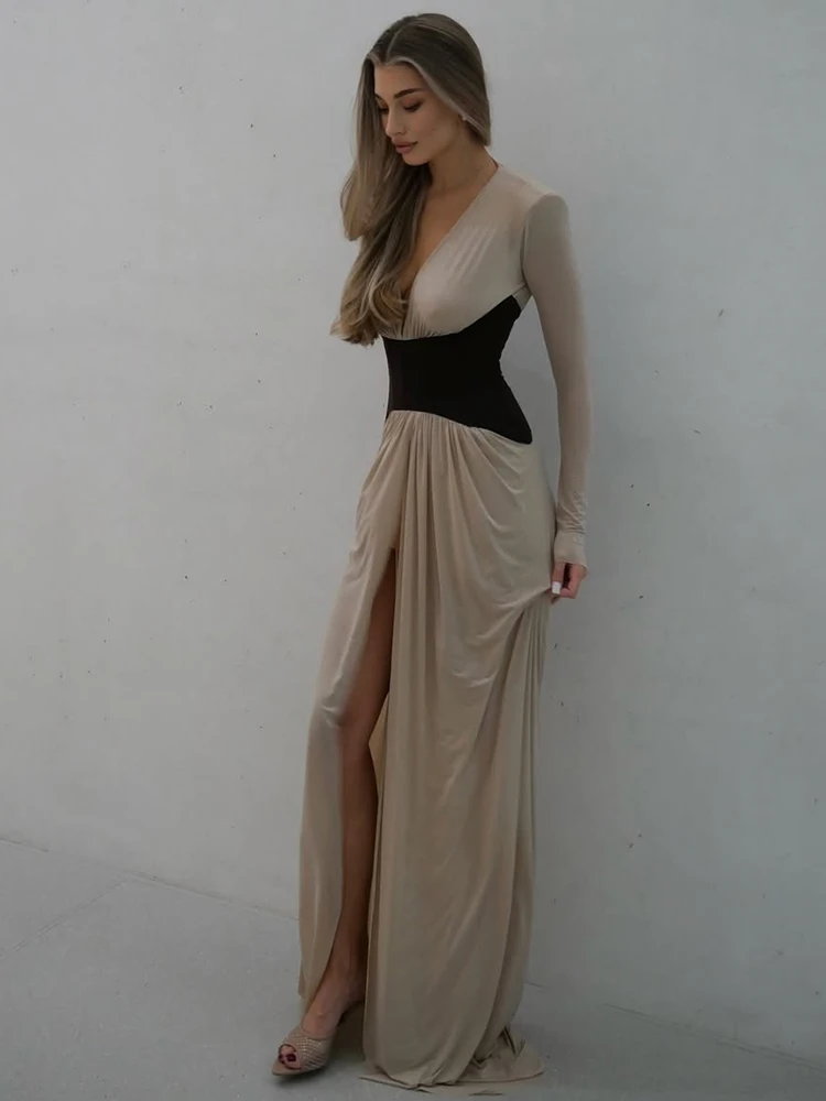 Articat Elegant Long Sleeve Patchwork Bodycon Party Club Evening Dress Women Sexy Deep V Slim Formal Dress Wedding Dress 2026