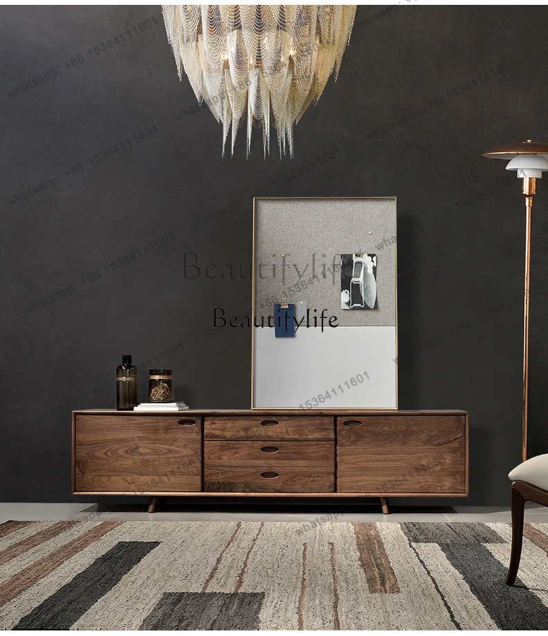 

56North America Black Walnut Wooden TV Cabinet Nordic Solid Wood Complete Living Room Floor Cabinet Italian Minimalist