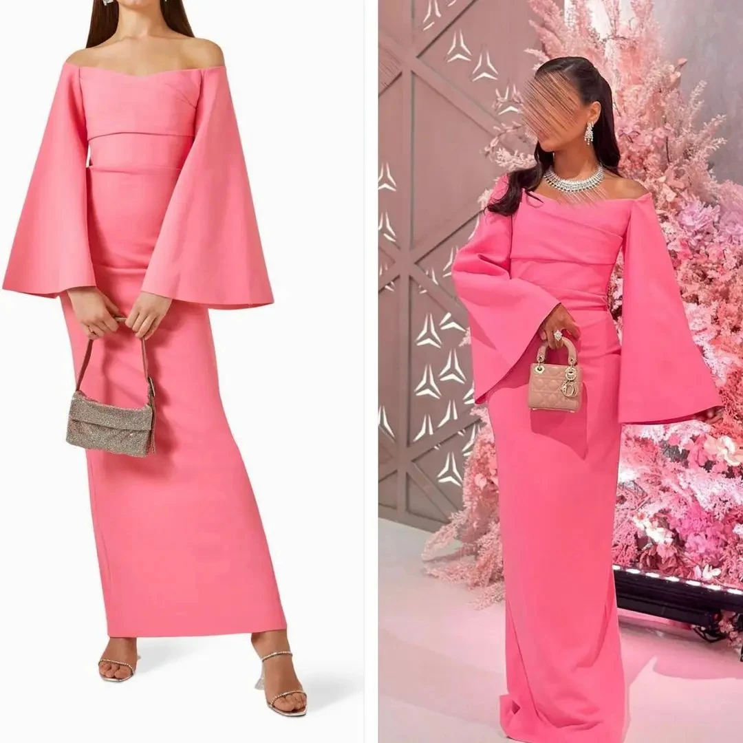 Elegant Prom Dresses Pink Long Sleeves Boat Neck Formal Saudi Arabia Sexy Long Sleeves Evening Party Dress Straight Pleated