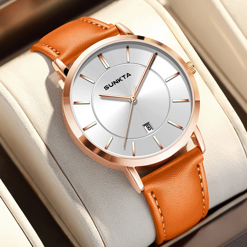 

Спортивные часы SUNKTA для женщин, элегантные модные кожаные водонепроницаемые женские наручные часы, простые круглые кварцевые часы, женские часы для девушек