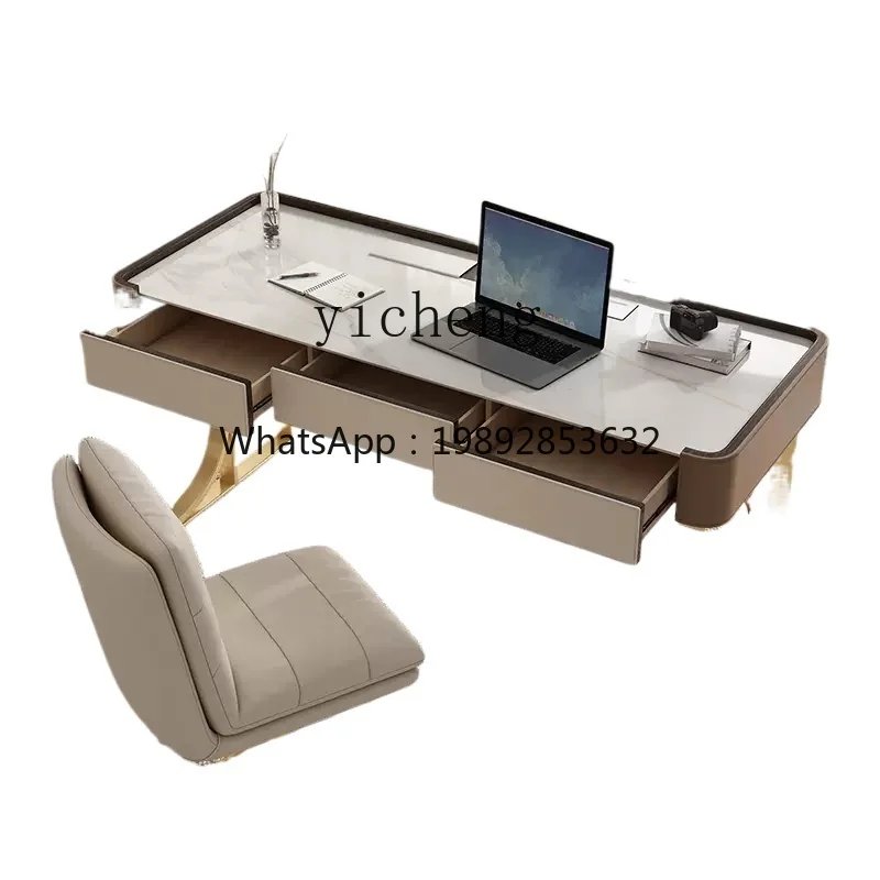 

BB minimalist high-end saddle leather desk modern minimalist study computer desk light luxury rock slab desk
