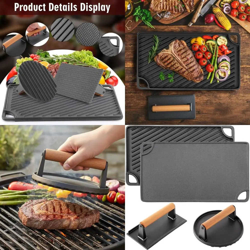 

Dual-Sided Cast Iron Grill Press - Non-Stick, Heavy Duty for Steaks, Burgers, and More