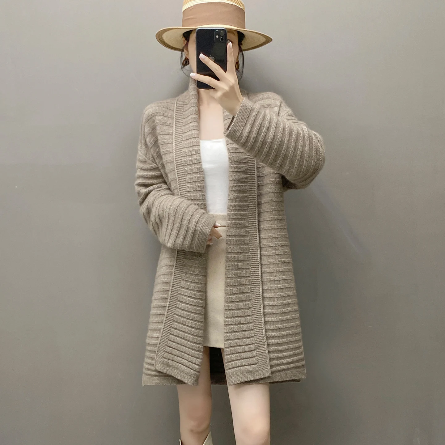 

Fashion Women 100% Cashmere Long Cardigan Loose Soft Sweater Coat Autumn Winter Gentle Thicken Knitwear Laced up Clothing Top