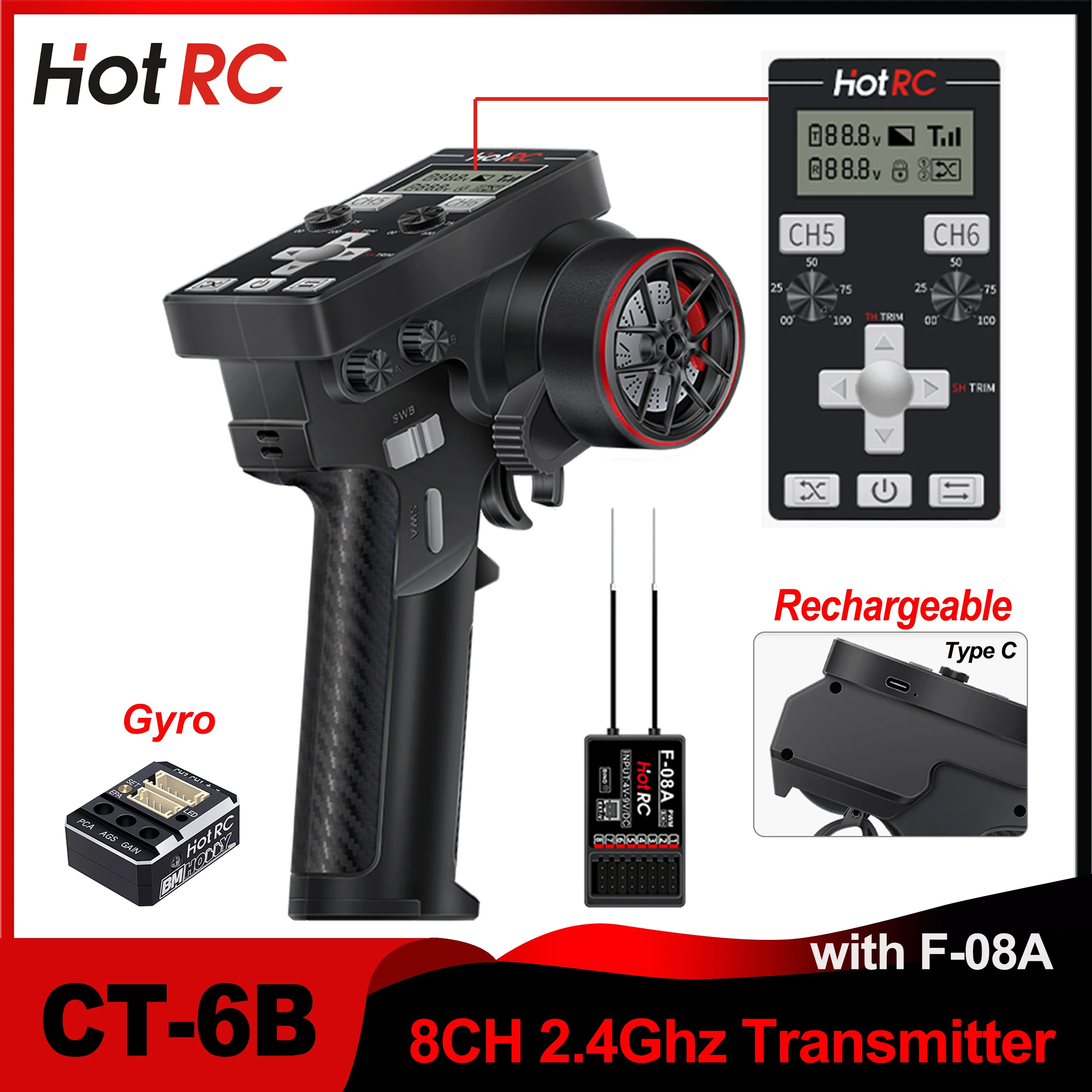 HOTRC CT-6B 8CH One-Hand Remote Control 2.4Ghz RC Transmitter with F-08A 8 Channel PWM Receiver Gyro for RC Car Boat Tank