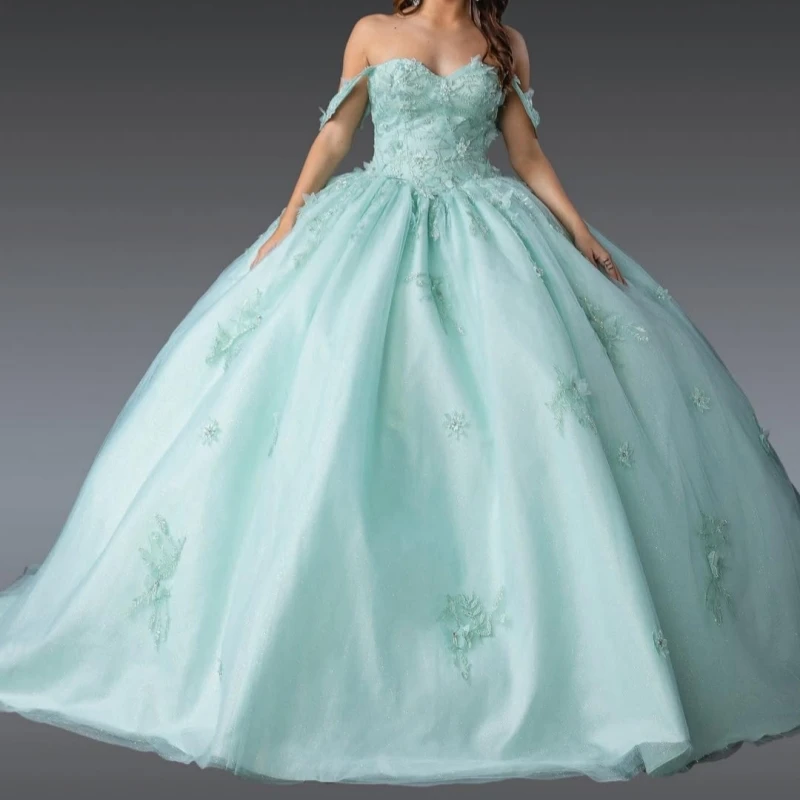

Light Green Shiny Ball Gown Quinceanera Dresses Off The Shoulder Applique Lace Beads Tull Party Birthday Sweet 16 Dress Vestidos