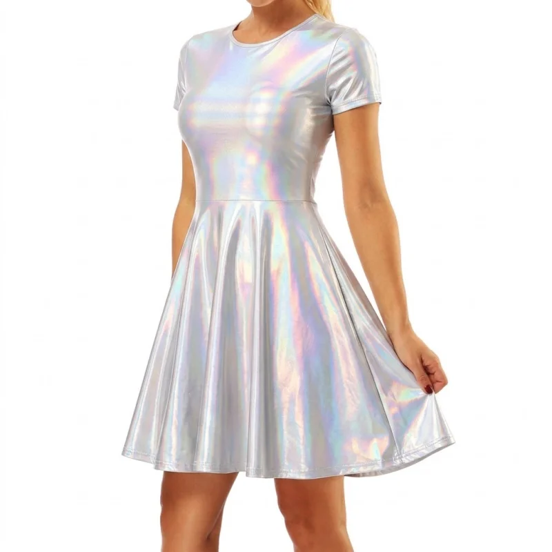 Glänzendes, kurzes Kleid mit Rundhalsausschnitt, Skater-Schnitt, Mini-Länge, Laser-Regenbogen-Silber-Lila, ausgestelltes, fließendes Design, Kostüm, Party, Club, Nachtclub-Kleid – Detail 6