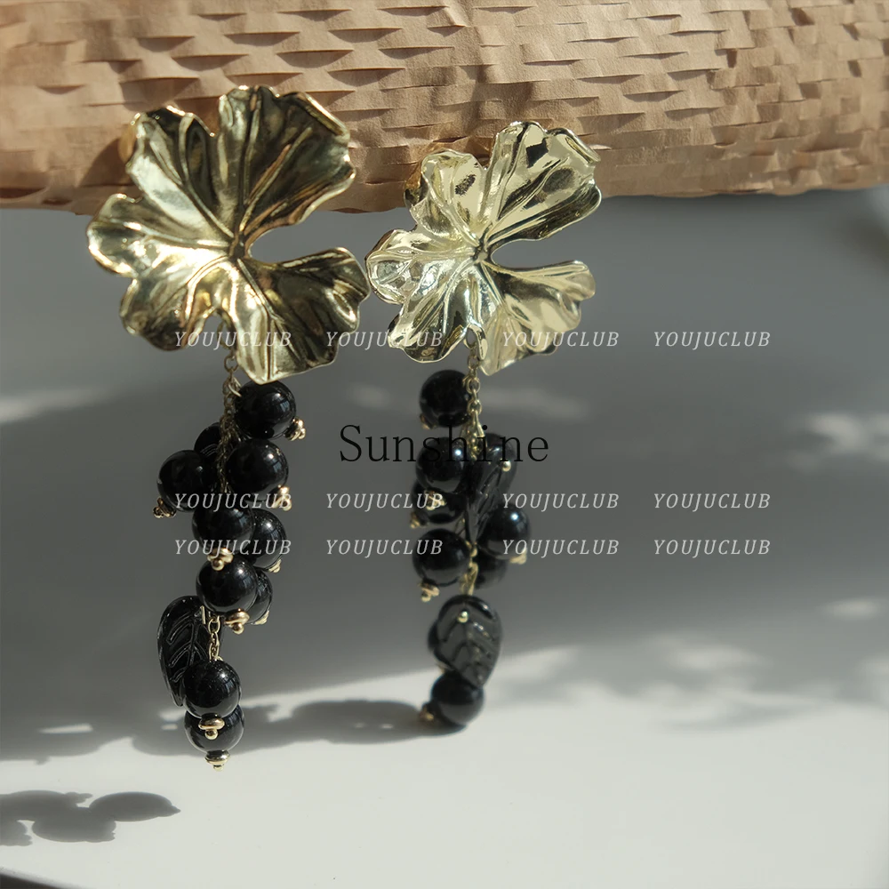 Metal Flower Black Beaded Grape Tassel Earrings Earclips