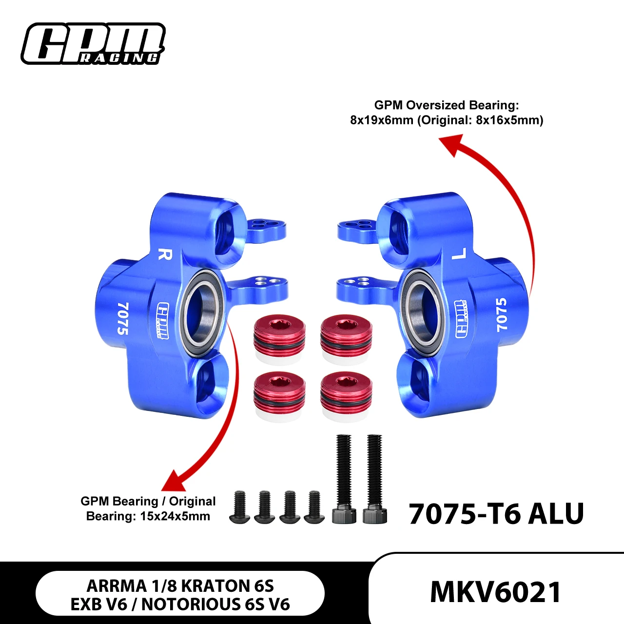 GPM 7075 ALLOY FRONT STEERING BLOCK (LARGER OUTER BEARINGS) FOR ARRMA 1/8 KRATON 6S EXB NOTORIOUS 6S V6 ARA8708V6