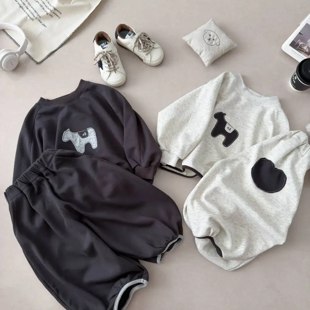 Kids Clothes Sets 2026 Autumn Baby Boy Girls Cartoon Patch Embroidery Long Sleeve Pullover Top+Pants 2Pcs Children Casual Outfit
