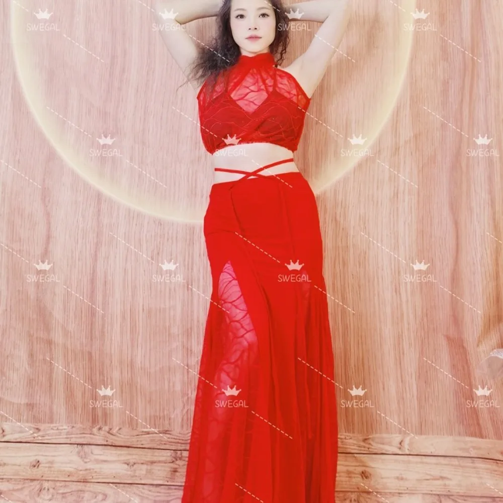 Customized Belly Dance Costumes Practice Outfit Eastern Dance Costume Big Red Insert Piece Big Swing Skirt Set