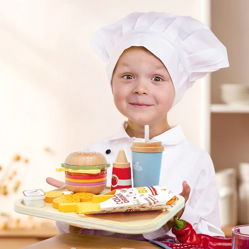 Juego de comida de madera, juego de simulación, accesorios de cocina, juego de hamburguesas de comida rápida, juguetes educativos para edades tempranas, regalos para niños