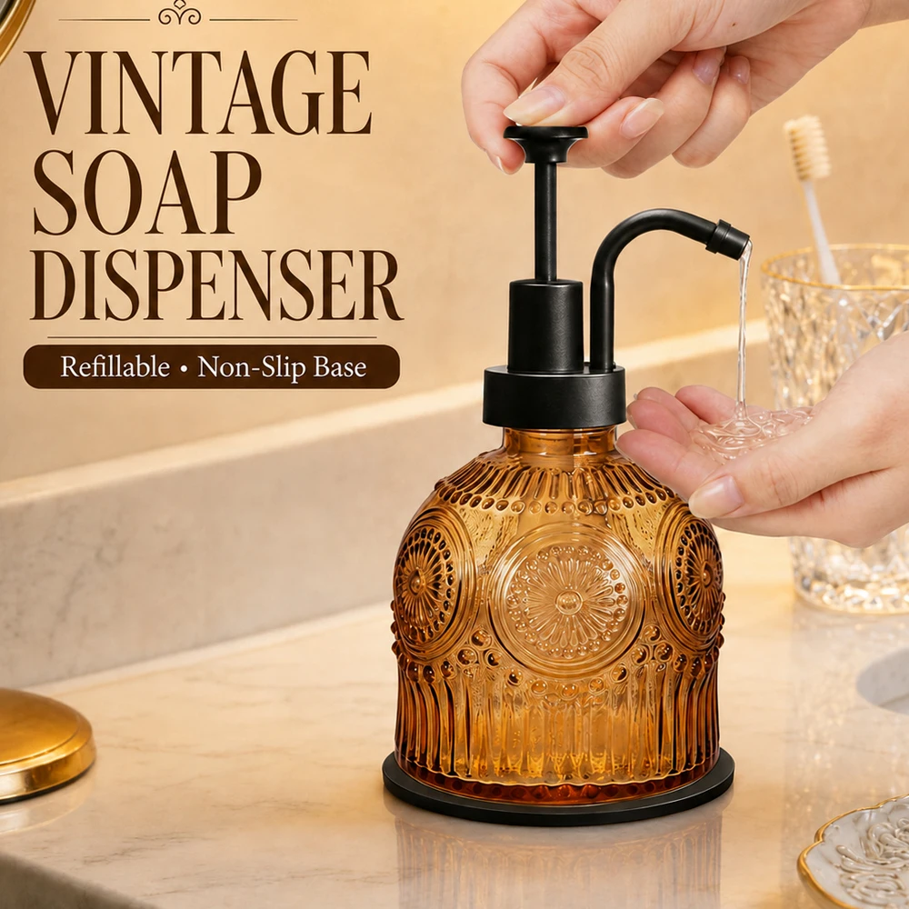 Vintage Amber Glass Soap Dispenser with Pump Refillable Hand Soap Bottle Non-Slip Base for Bathroom Kitchen Countertop Decor