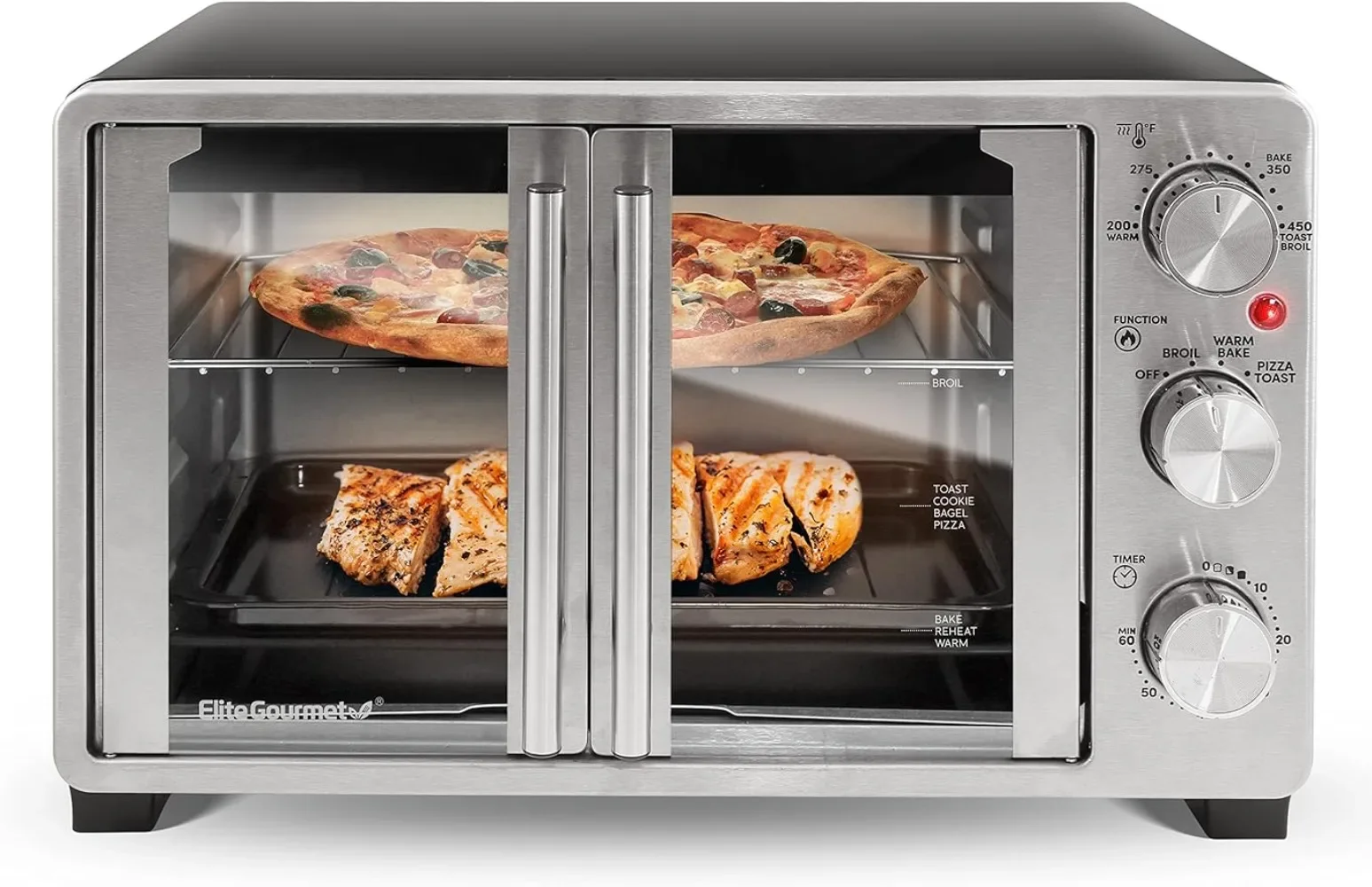 

Double French Door Countertop Toaster Oven, Bake, Broil, Toast, Keep Warm, Fits 12" Pizza 1500 WATTS OF POWER