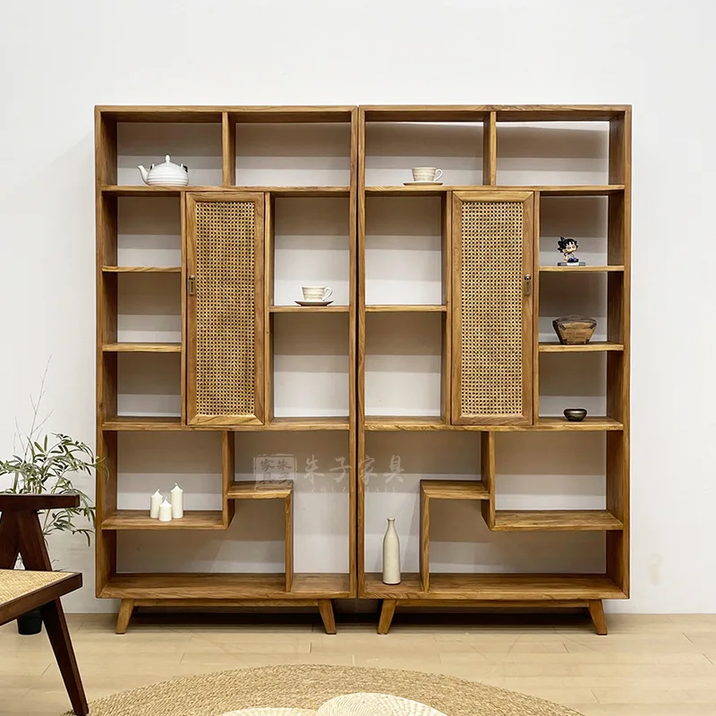 Customized wabi-sabi wind solid wood bogu frame living room modern simple office bookcase household rattan display cabinet floor