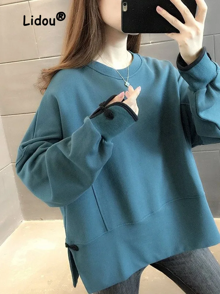 Autumn New Fashion Solid Color Loose Sweatshirts Classic Long Sleeve Personality Split Fork All-match O-collar Lady Top 2022