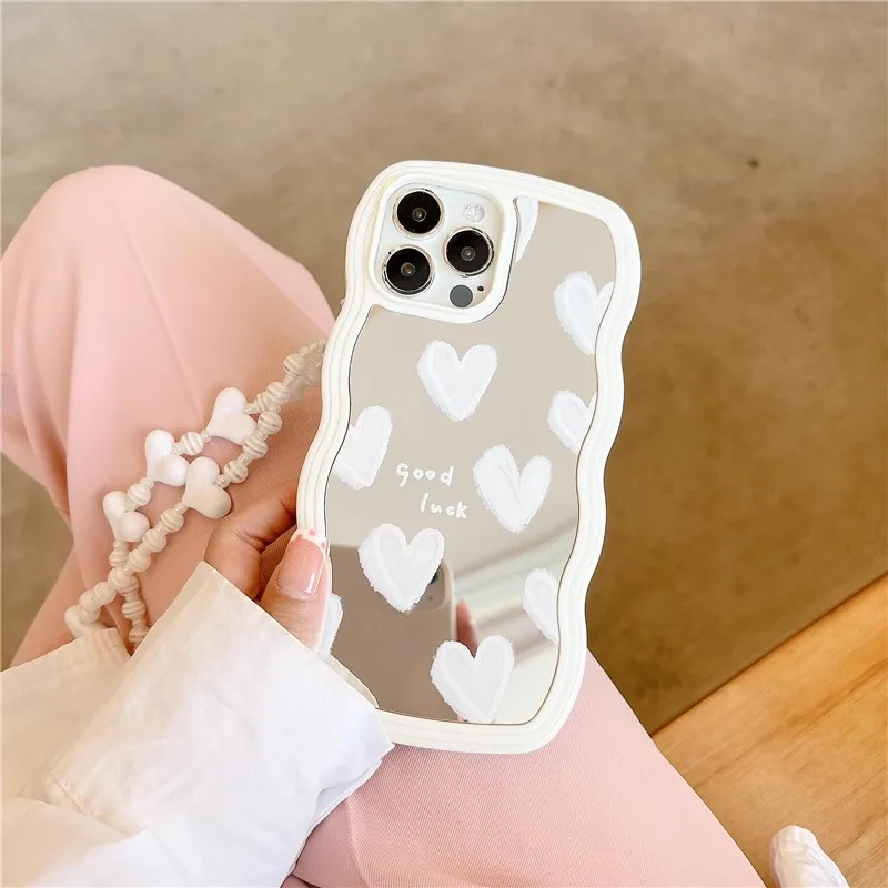 White Heart Silver Plated Mirror Case for iPhone 14 15 Pro Max 11 12 13 Pro Max Drop Protection Silicone Cover