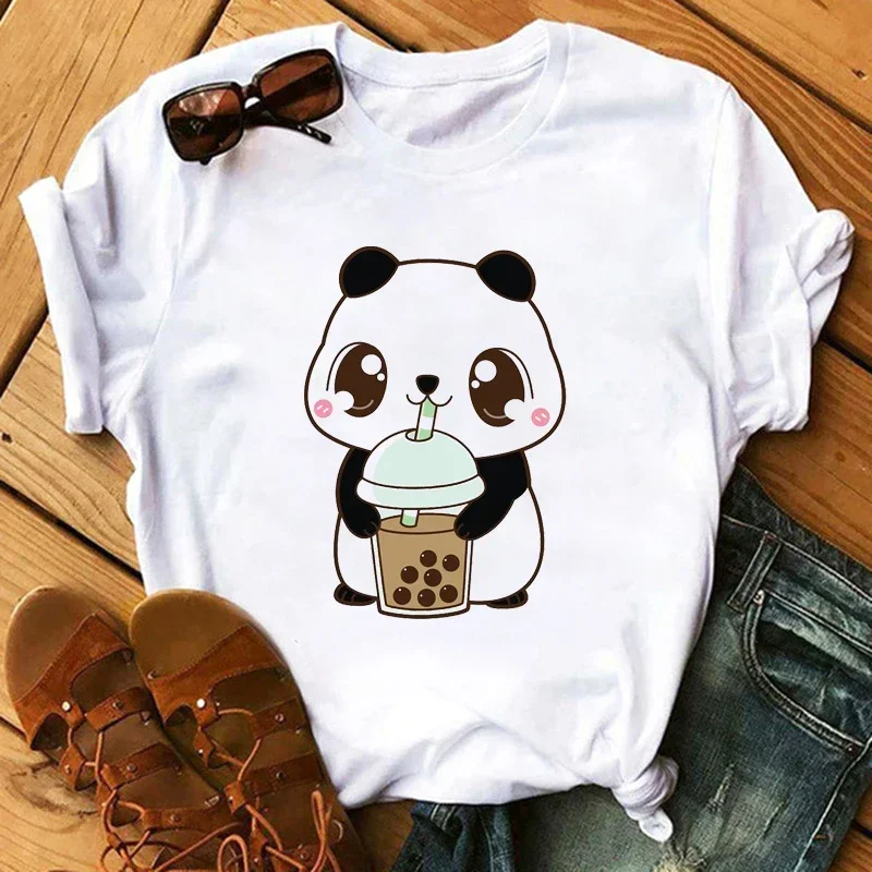 Cute Panda T Shirts Women fashion Graphic Tees Fashion Milk Tea Printed Women Tops Funny Vintage Casual Female Tshirt